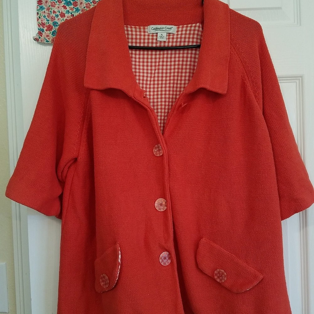 Coldwater Creek XL Orange Tangerine Sweater W/ Check Buttons & Liner